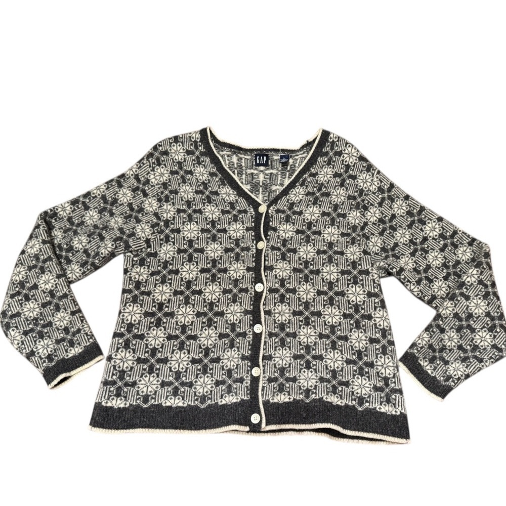 Vintage Gap Fair Isle Lambswool Cardigan Sweater Nordic Snowflake Women’s Large - Picture 6 of 13